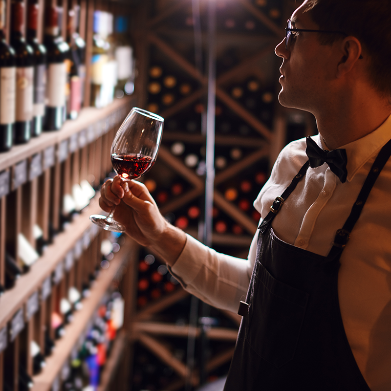 Sommelier steht im Weinkeller und hält ein Glas Rotwein in der Hand