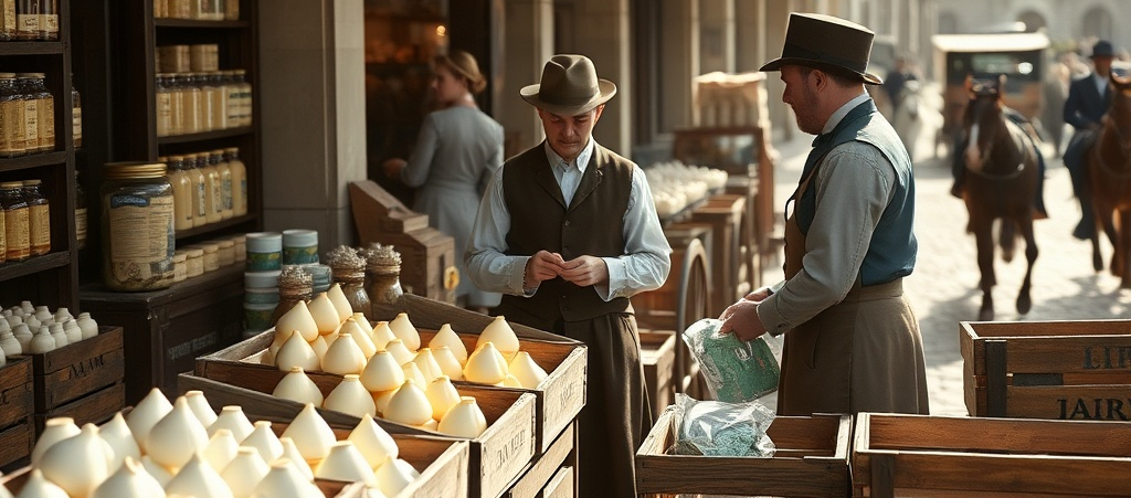 Kunde kauft Käse an einem traditionellen Marktstand aus dem 18. Jahrhundert