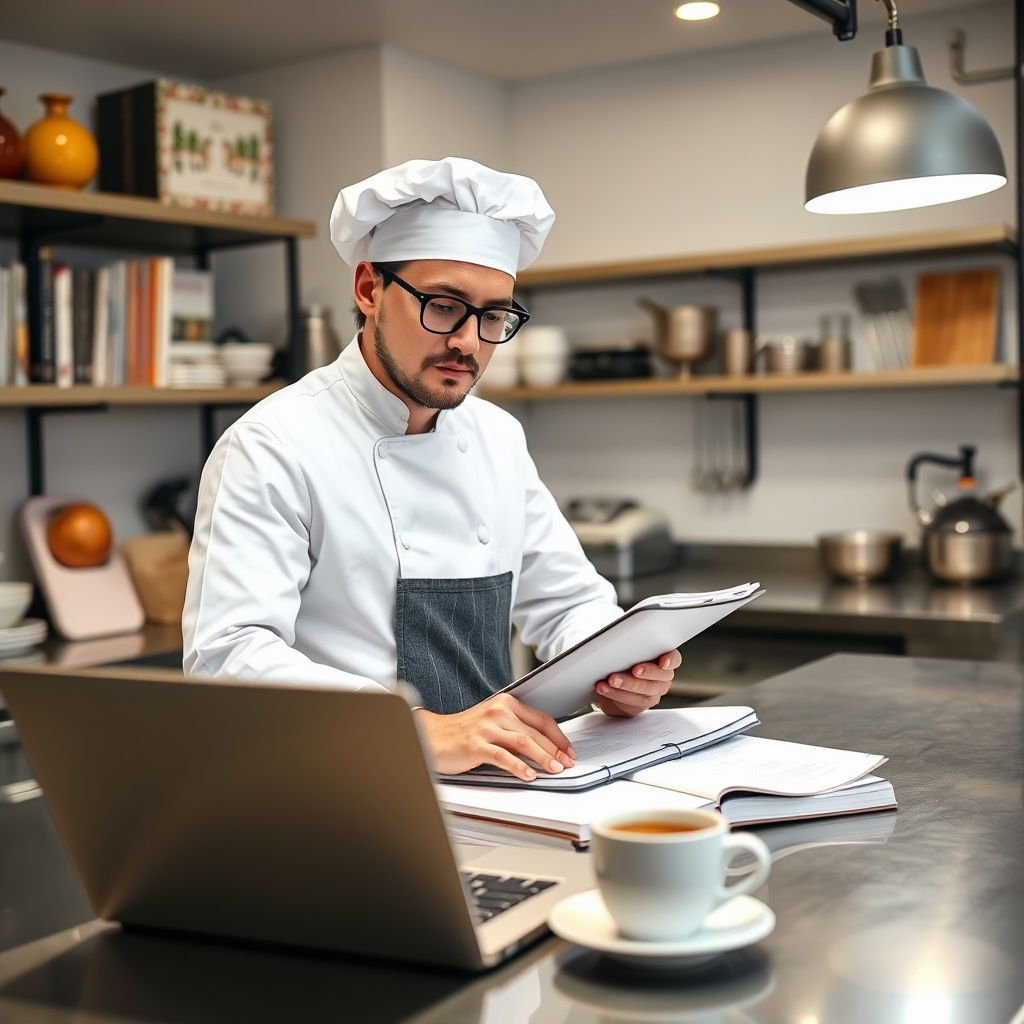 Küchenchef bestellt Lebensmittel im Webshop